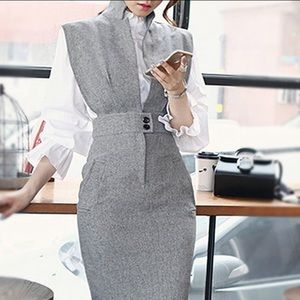 Stand Collar Elegant Balloon Sleeve 2-Piece Dress